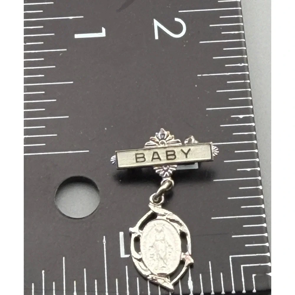 Vintage Sterling Silver Chapel White Enamel Miraculous Medal Baby Pin 1